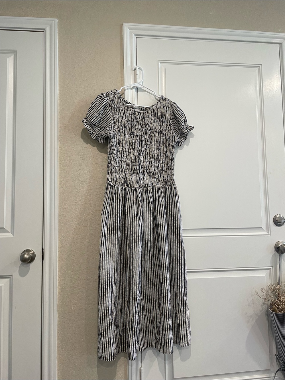 Maeve Black and White Striped Smocked Midi Dress with Puff Sleeves